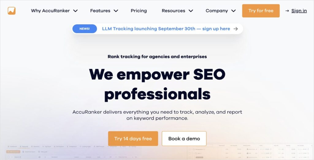 AccuRanker AccuRanker homepage, an SEO tool for keyword position checking.