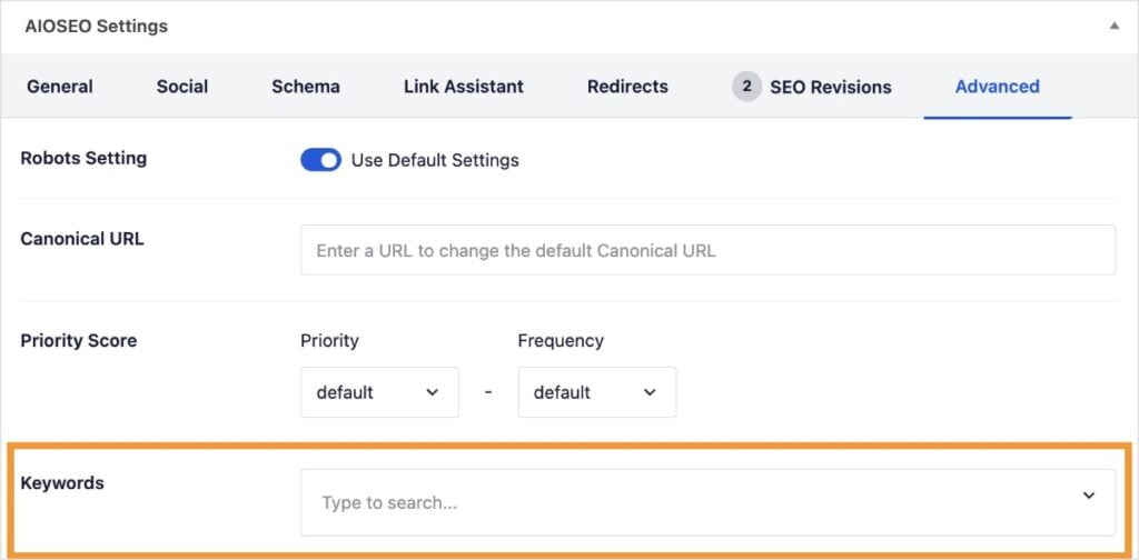 Add meta keywords in a WordPress post or page.