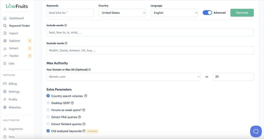 Advanced Search Settings Advanced search settings in the KWFinder tool.
