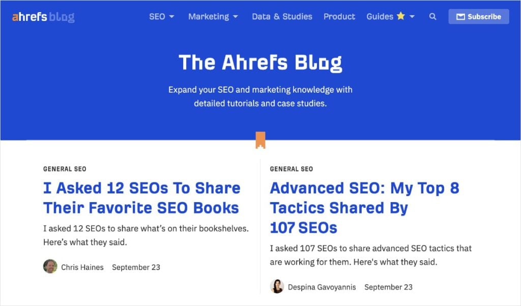 Ahrefs Blog Ahrefs blog featuring two general SEO blogs posts.