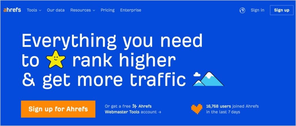 Ahrefs Ahrefs homepage, a comprehensive SEO tool.