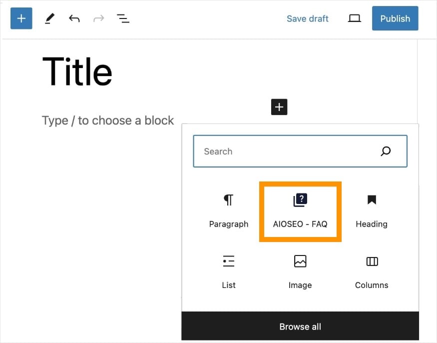AIOSEO FAQ Block AIOSEO FAQ block in WordPress.