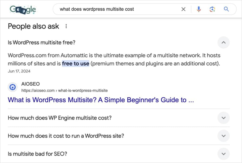 Google People Also Ask Google people also ask box with a result from AIOSEO.