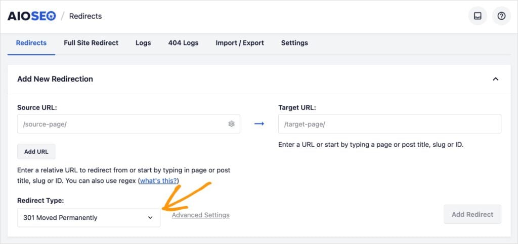 Add 301 Redirect in AIOSEO AIOSEO redirect manager shows 301 permanent redirects.