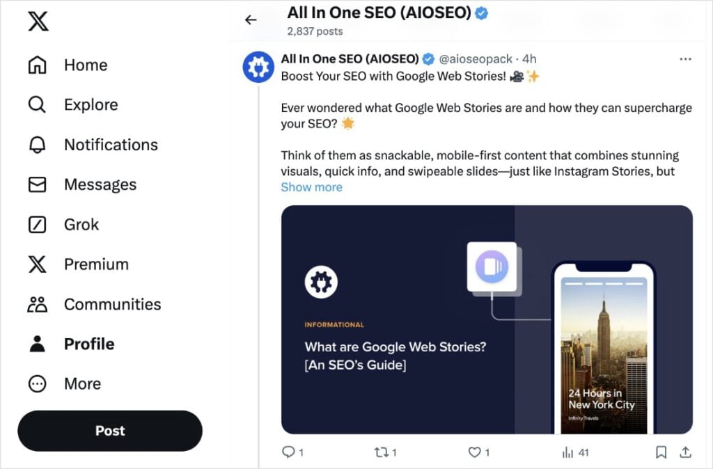AIOSEO twitter post about Google web stories.