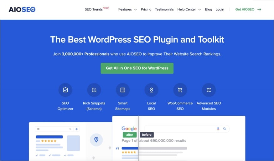 AIOSEO homepage, an SEO plugin for WordPress.