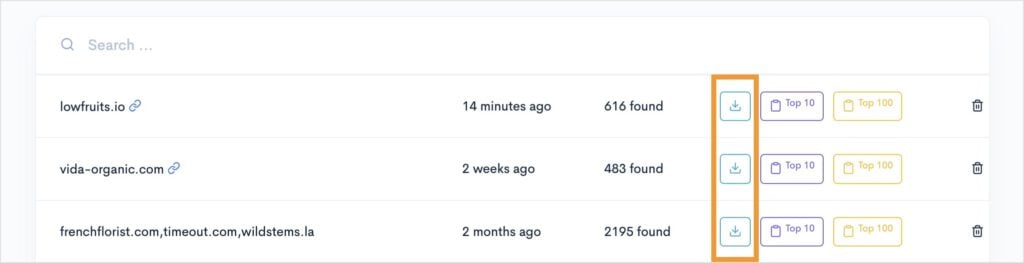 Download Ranking Keywords LowFruits download button for extracted ranking keywords.