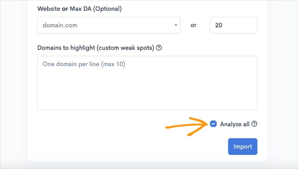 Analyze All Box Box to select analyze all and import keywords.