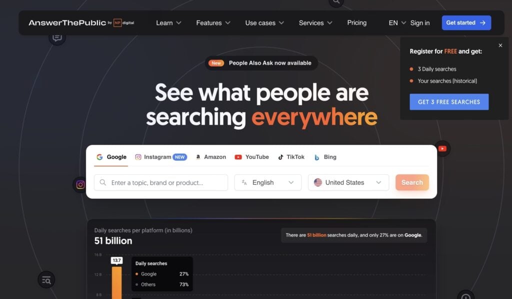 AnswerThePublic AnswerThePublic homepage, a keyword research tool.