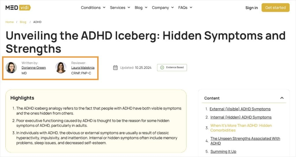 Example of an Author & Reviewer MEDvidi shows an MD author and CRNP reviewer for a health article.