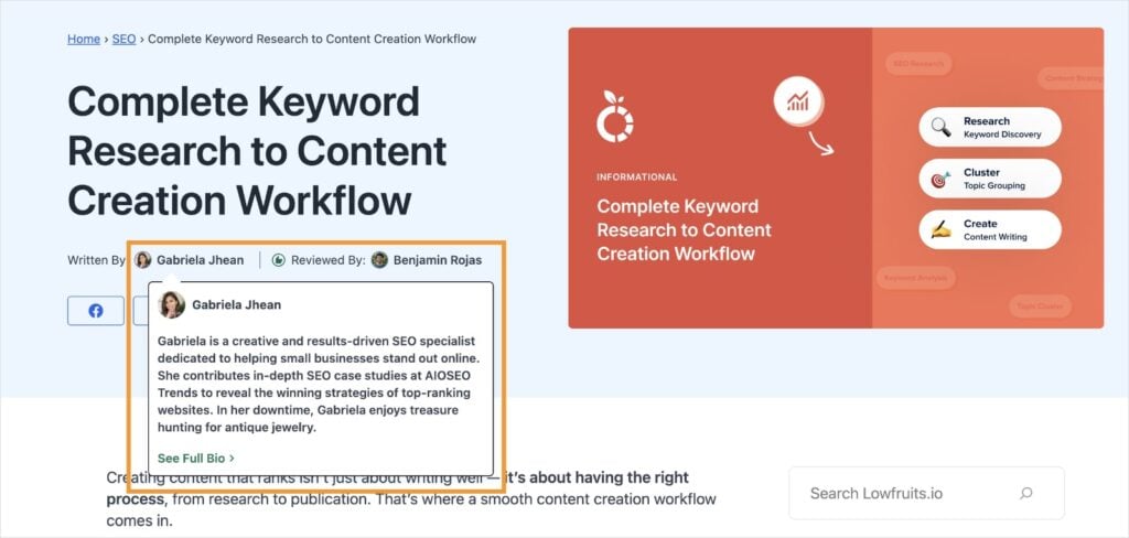 Author Bio Example Author bio on a LowFruits blog post.