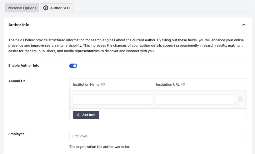 AIOSEO Author Bio Addon Author bio settings in AIOSEO.