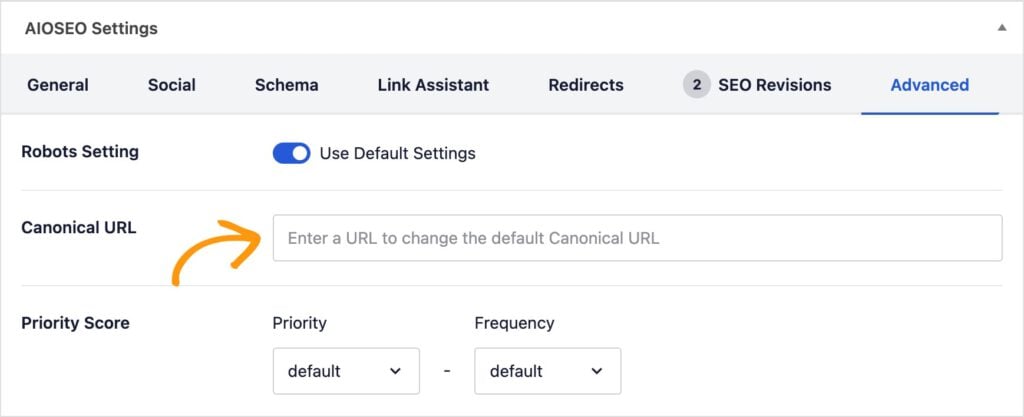 AIOSEO advanced savings has a box for a custom canonical URL.