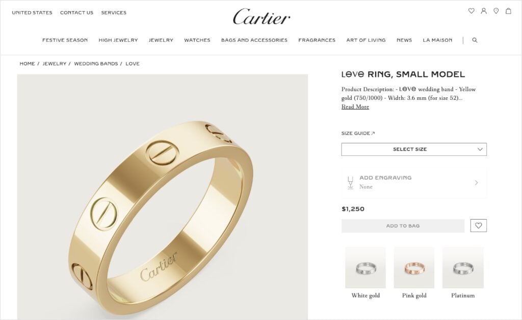 PLP Optimized for Branded Keywords Cartier landing page for the Love ring is optimized for branded keywords.