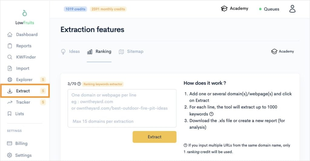 Extract Tool Extraction tool pulls competitors' ranking keywords.