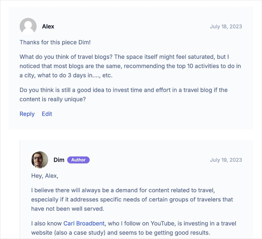 Blog comment asking about travel blogs.