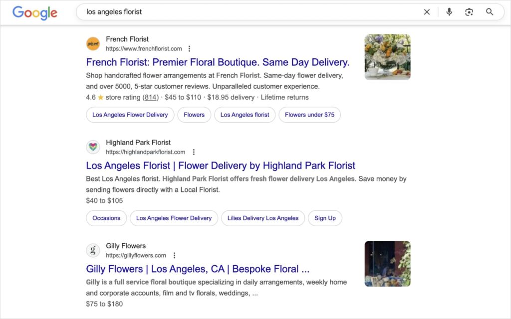 Direct Competitors Direct competitors in Google search results for los angeles florists.