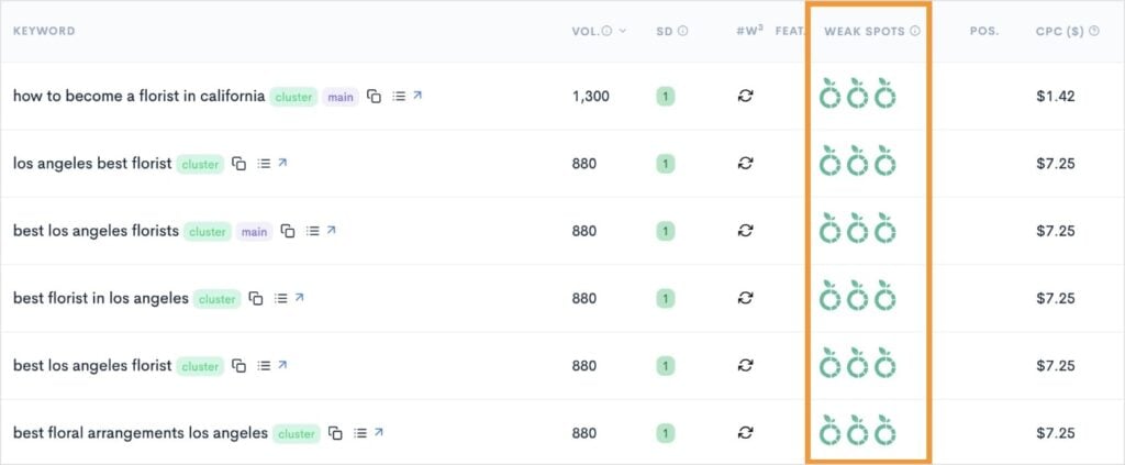 Weak Spots in LowFruits reports are another important keyword metric.