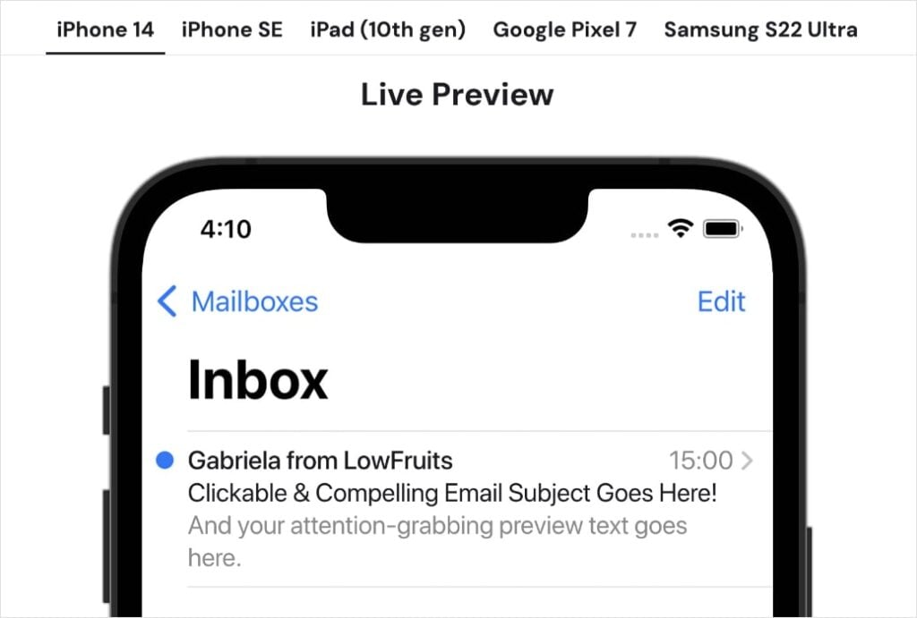 Live preview of an email subject line and preheader test.