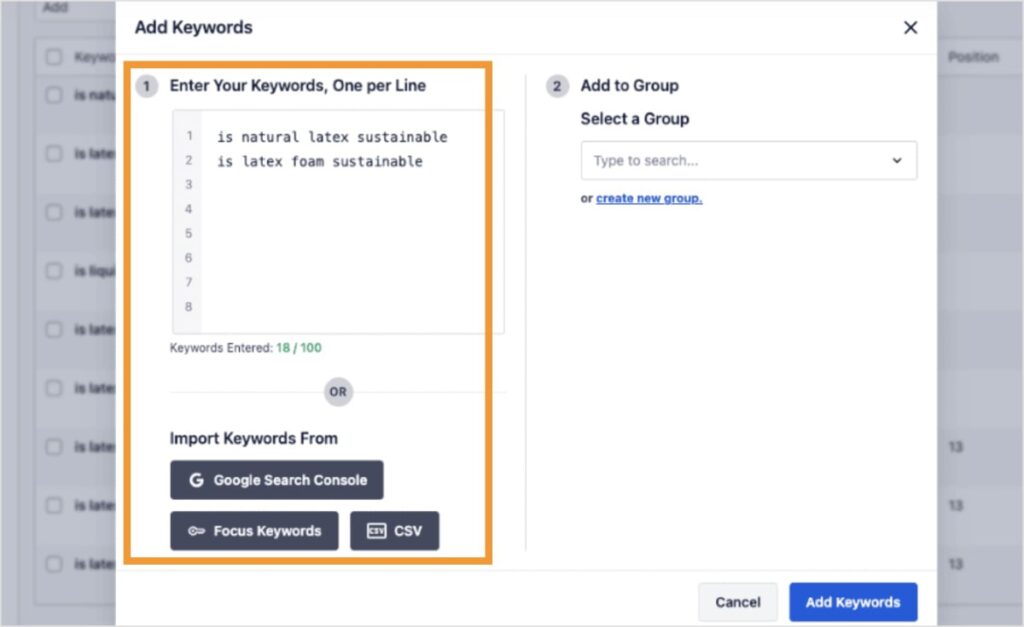 Enter keywords in the AIOSEO Rank Tracker.