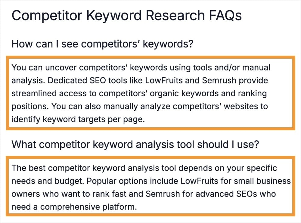 FAQ Examples Competitor keyword research FAQs in a LowFruits blog.