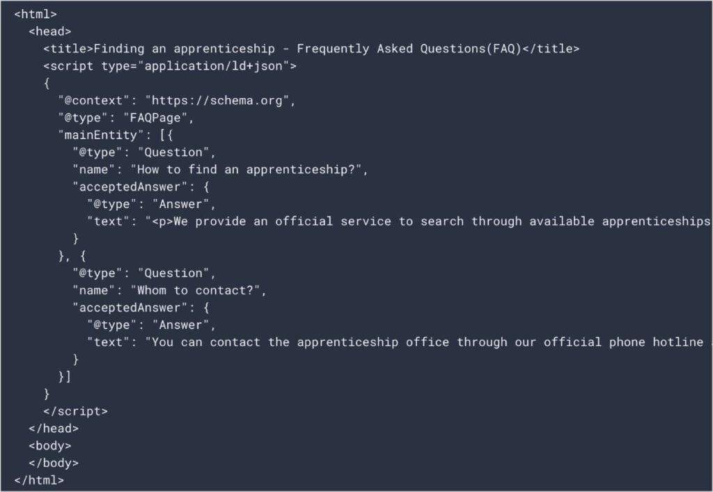 FAQ Schema HTML Code HTML code for schema markup.