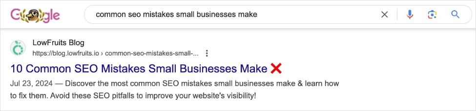 Example of a Good Meta Description A good meta description for the query common SEO mistakes small businesses make.