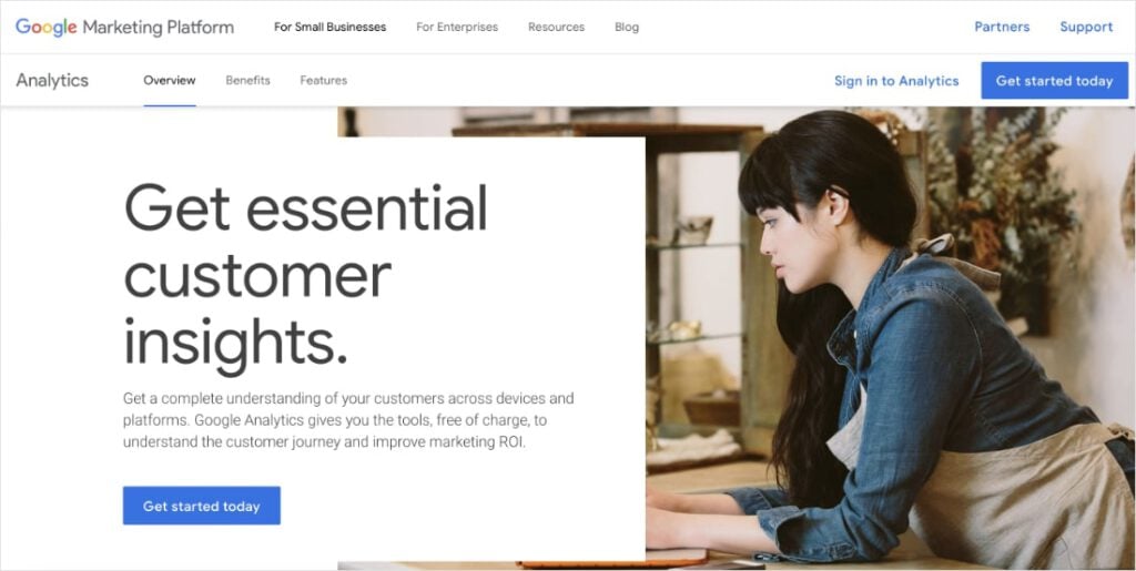 Google Analytics Google Analytics homepage, an SEO SaaS tool.