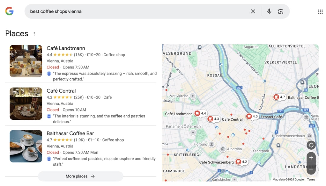 Google Map Pack for the query best coffee shops vienna.