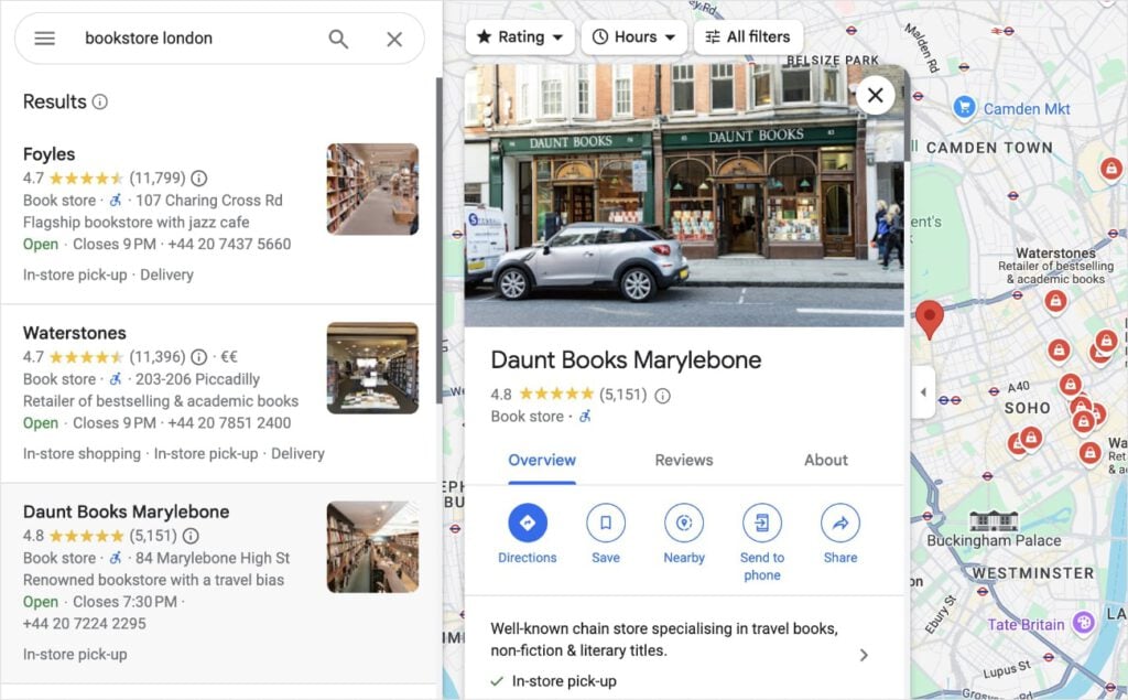 Google Maps Business Reviews Google Maps shows business reviews for Daunt Books Marylebone in London.