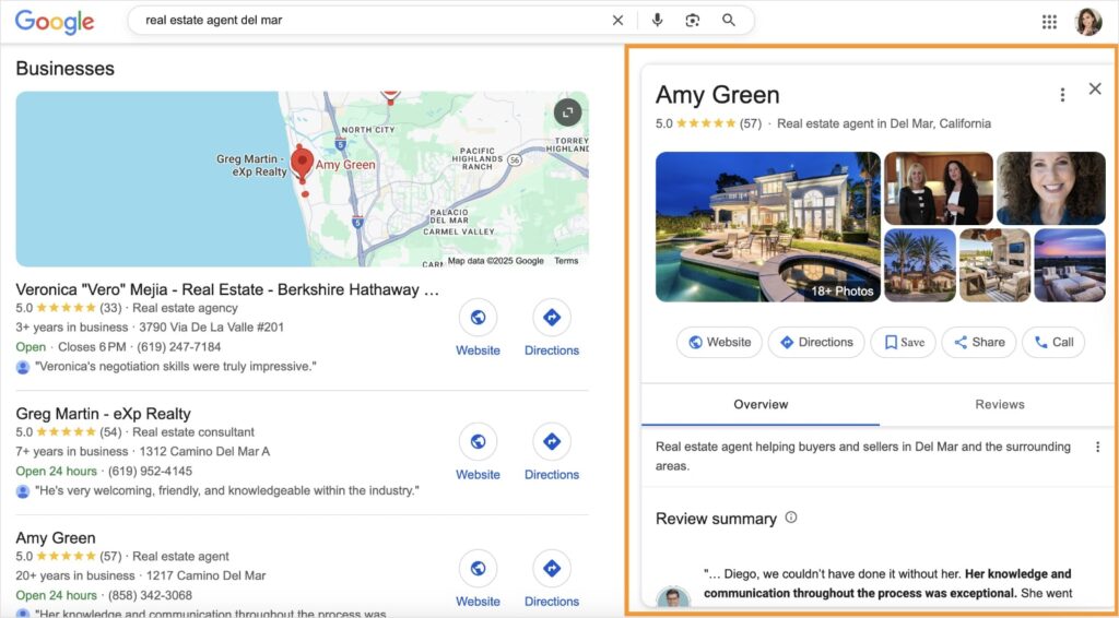 Google My Business Profile Google My Business profile for real estate agent, Amy Green in Del Mar.