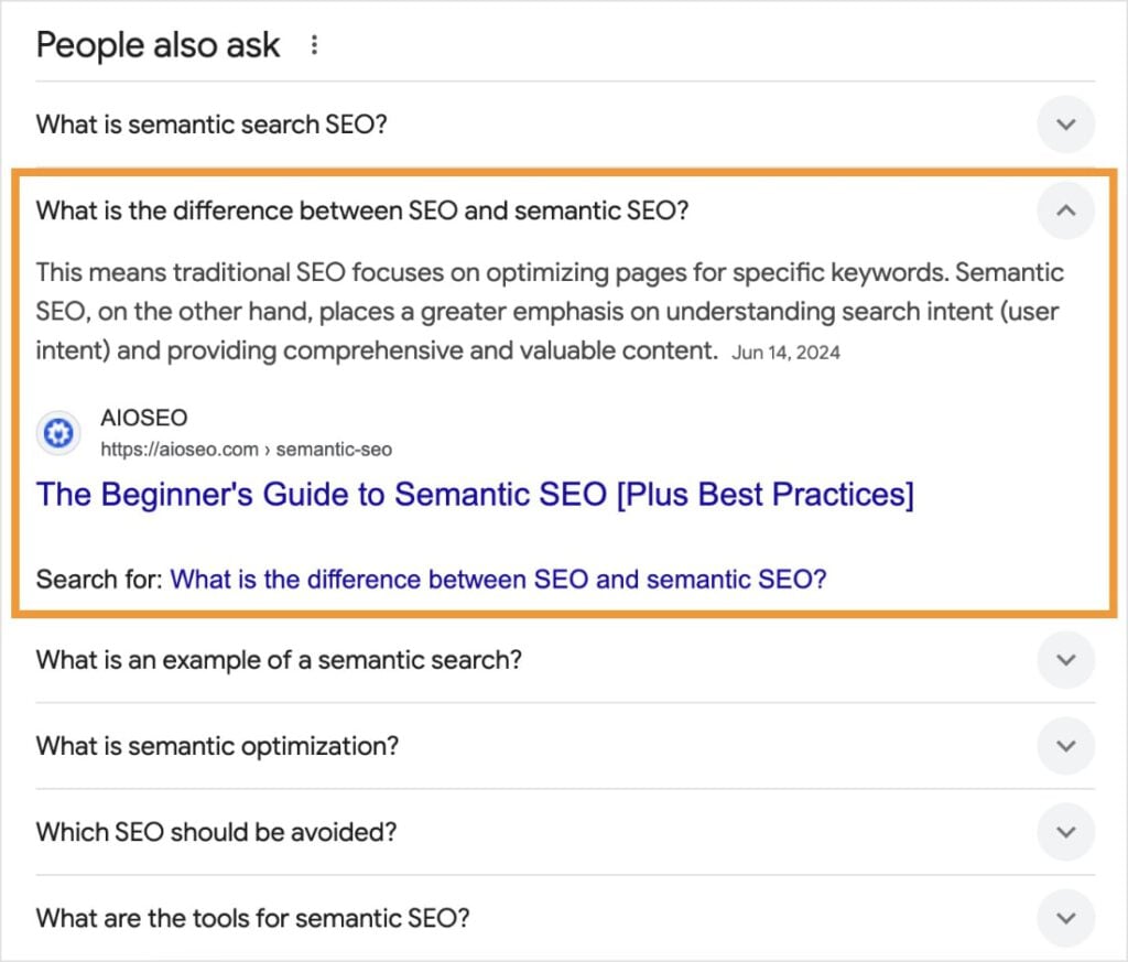 Expanded Question Reveals Answer Expanded question in the People Also Ask box shows an answer for the difference between SEO and semantic SEO.