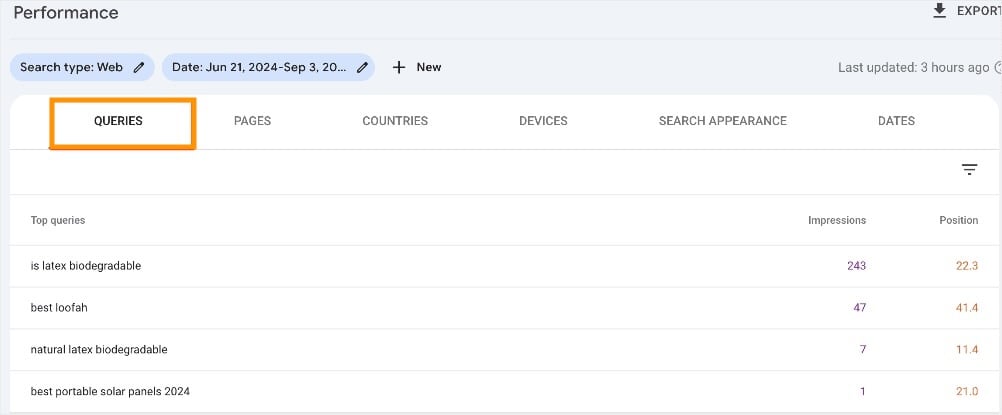 Search Console Queries Report Queries report in Google Search shows top keywords.