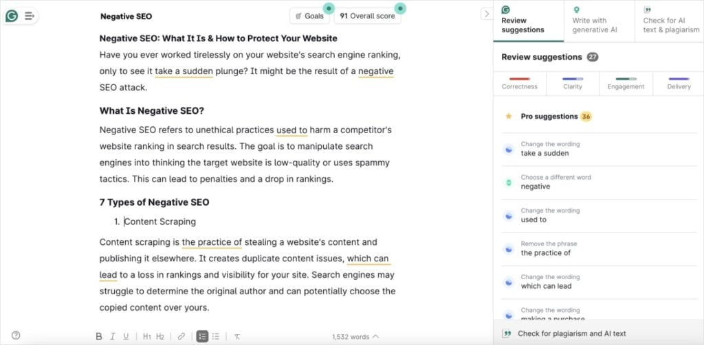 Grammarly Real-Time Suggestions Grammarly review suggestions for an article.