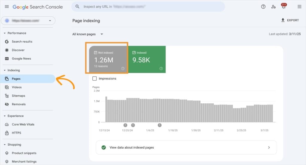 Google Search Console page indexing dashboard.