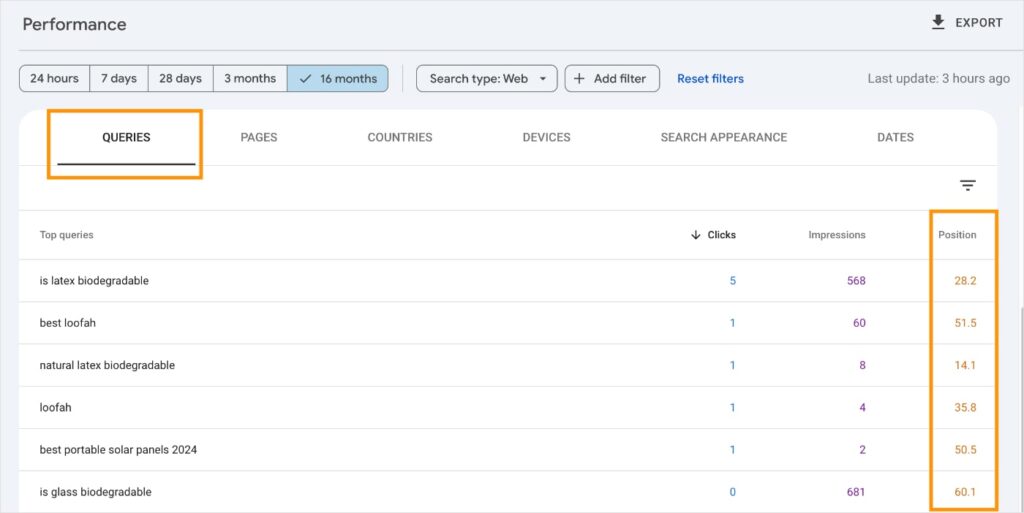 GSC Performance Report Google Search Console Performance report shows ranking keywords and positions.