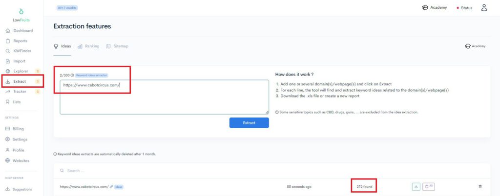 A screenshot of a page with a blue button and a red button highlighting the lowfruits extraction features A screenshot of a page with a blue button and a red button, highlighting the lowfruits extraction features.