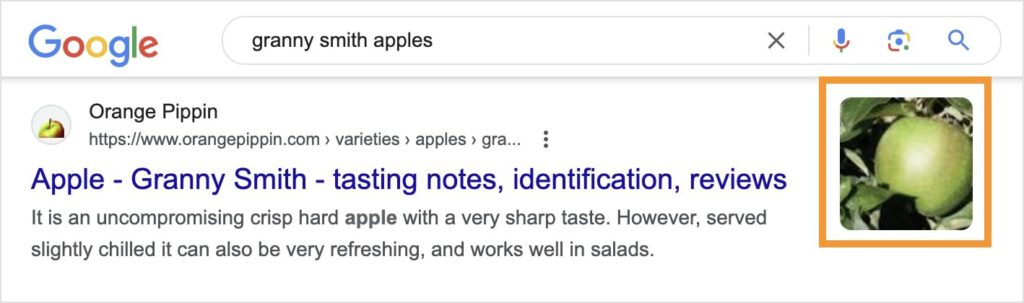 Rich Snippet With Image Google rich snippet of a granny smith apple shows an image.