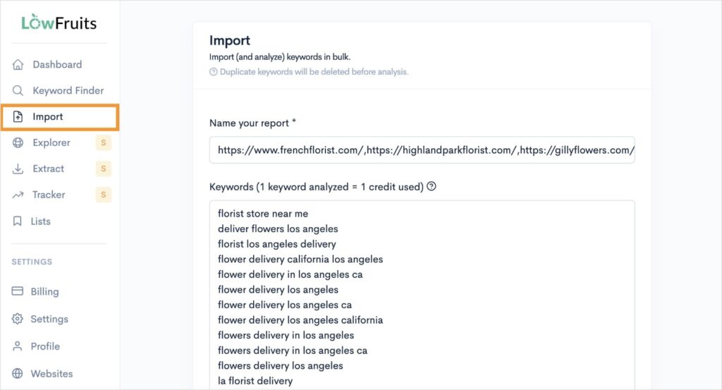 Import Competitors' Keywords Import tool shows competitors' keywords.