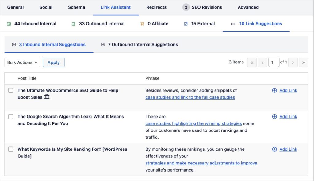Link Assistant Suggestions Link Assistant suggestions in WordPress.