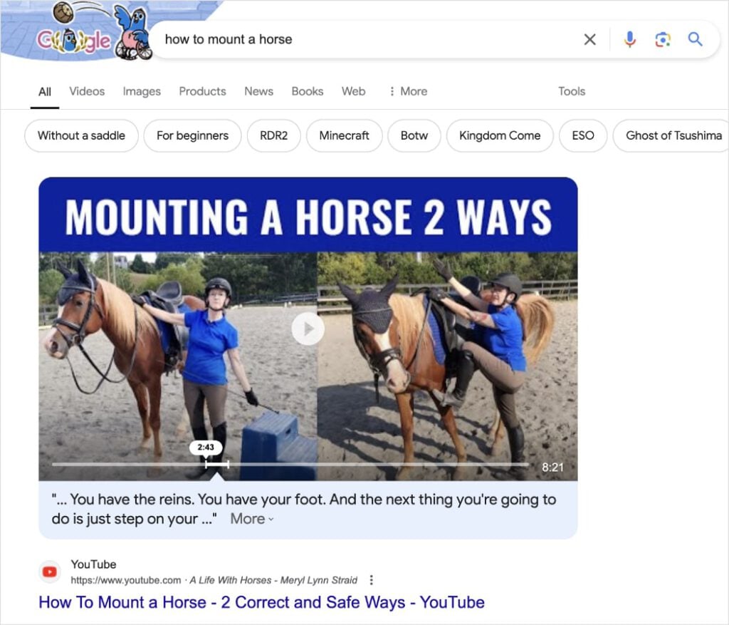 Video Fulfills Informational Intent YouTube video on Google for an informational search.