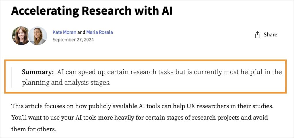 Accelerating research with AI article starts with a one-sentence summary.