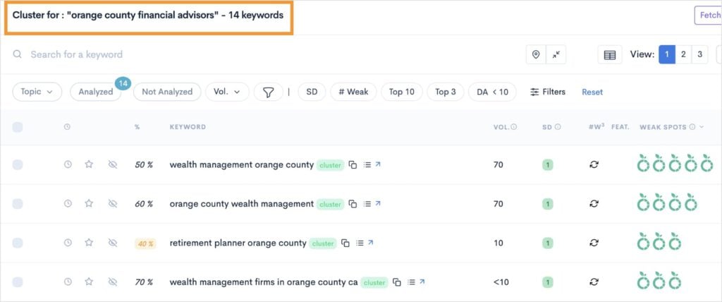 Example of a Keyword Cluster Keyword cluster for orange county financial advisors.