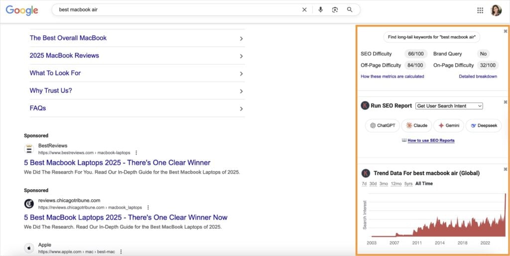 Keywords Everywhere shows SEO data on the right side of a Google search results page.