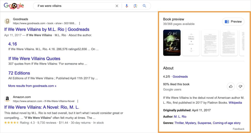 Knowledge Panel Knowledge panel for a search query of the book if we were villains.