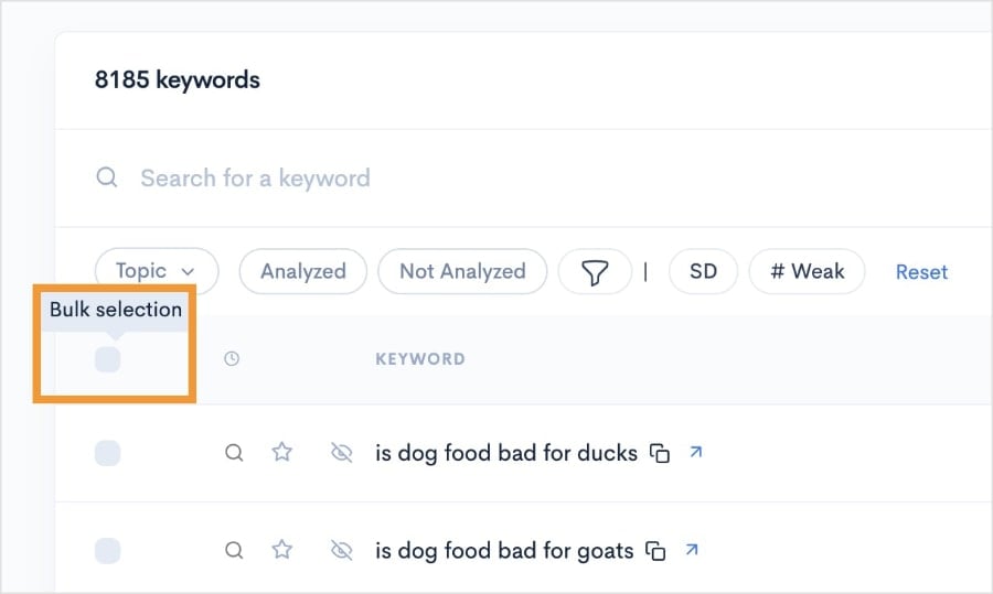 Bulk Selection Feature Bulk selection box in a LowFruits keyword report.