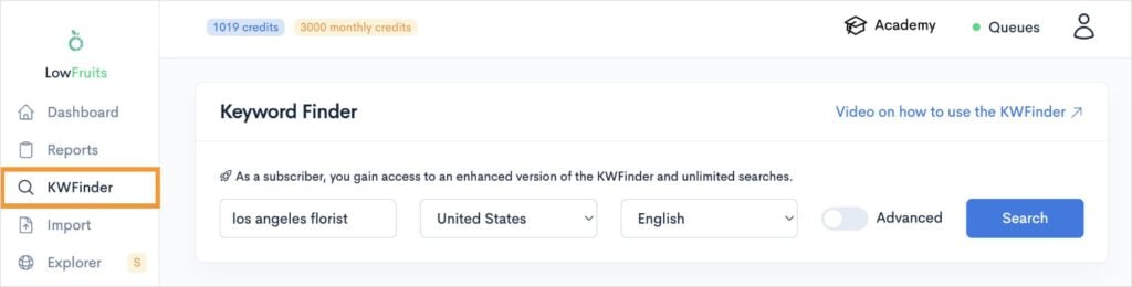 Keyword Search in LowFruits Keyword search in LowFruits.