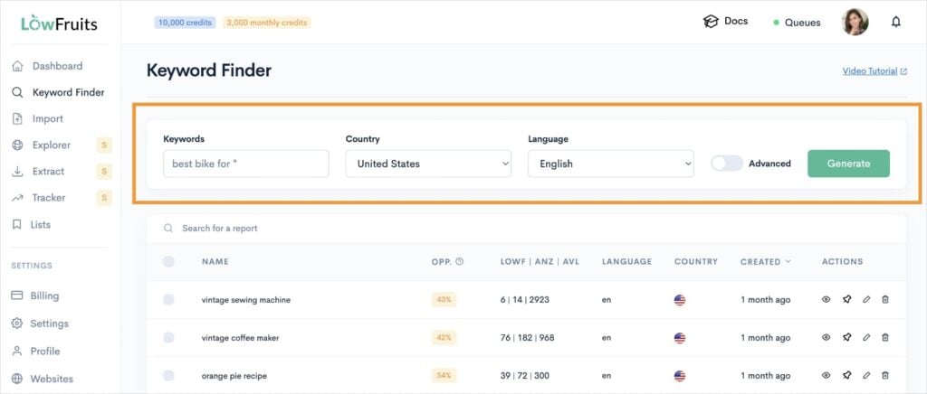 KWFinder Search LowFruits KWFinder search with settings.