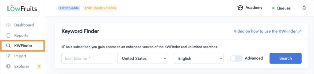Seed Keyword Search KWFinder search settings.