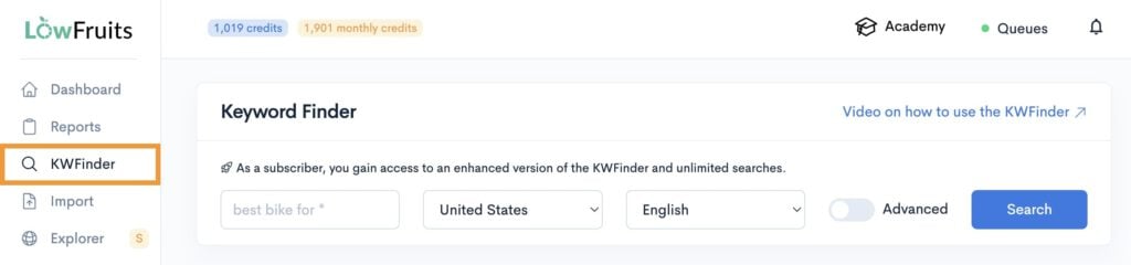 LowFuits KWFinder Search LowFruits KWFinder seed keyword search.